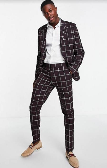 Black Plaid Suit - Black and Bold White Windowpane Suit - 2 Button Suit - 38 Short Jacket+32 Waist Adjustable 28to34)(Height: 5’4”to5’7”)(Neck 15-16.5)S-M)