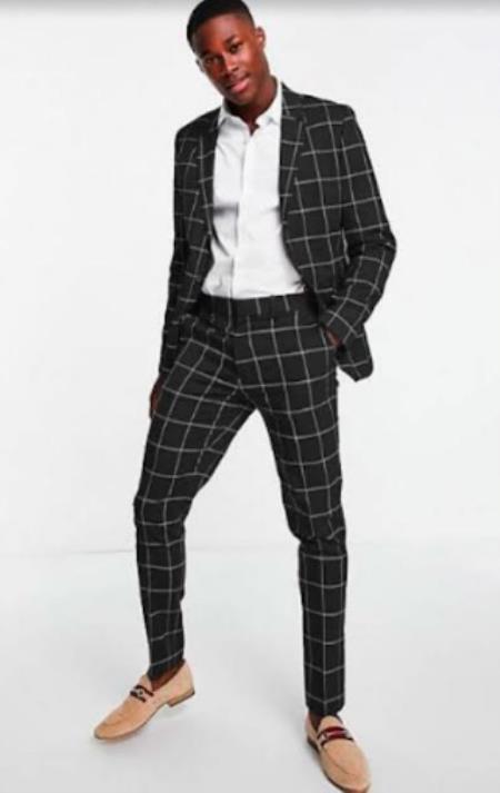 Bold Gangster Plaid Suit - 1920s Mens Fashion Window Pane Suit - Black - 38 Short Jacket+32 Waist Adjustable 28to34)(Height: 5’4”to5’7”)(Neck 15-16.5)S-M)