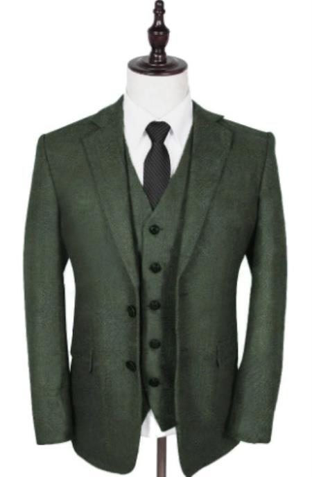 Olive Peaky Green 3 Piece Tweed Men's Suit - 38 Short Jacket+32 Waist Adjustable 28to34)(Height: 5’4”to5’7”)(Neck 15-16.5)S-M)