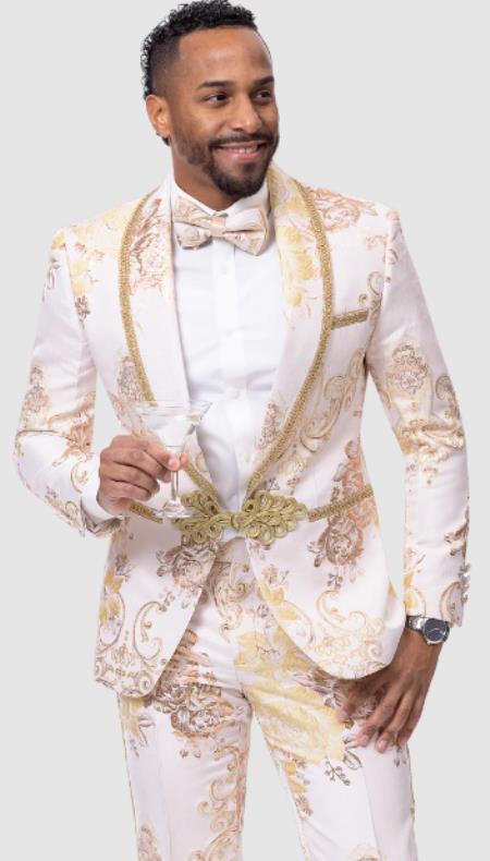 White and Gold Tuxedo - Flower Floral Suit - Paisley Suit - 34