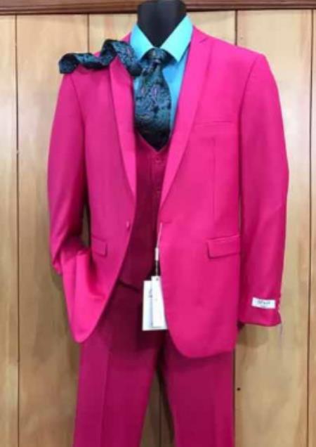 Mens Slim Fit Vested Suit - Slim Fit 3 Pieces Fuchsia Suit - 38 Short Jacket+32 Waist Adjustable 28to34)(Height: 5’4”to5’7”)(Neck 15-16.5)S-M)