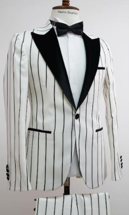 Vintage Tuxedo Wedding White And Black Pinstripe Groom Prom Suit