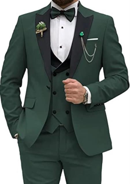 Men 3 Piece Double Breasted Suit Dark Green - 38 Short Jacket+32 Waist Adjust 28to34)(Height: 5 4 to5 7 )(Neck  15-16.5)S-M)