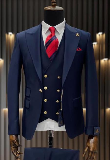 Rossiman Navy Blue Suit for Men Classic 1-Button Peak Lapel Jacket & Double-Breasted Vest