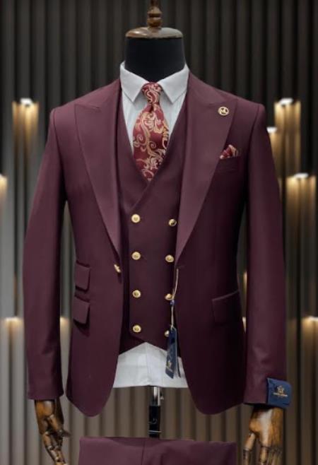 Rossiman Burgundy Suit for Men Peak Lapel 1-Button Jacket & Double-Breasted Vest