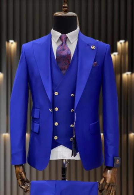 Rossiman Royal Blue Suit for Men Classic 1-Button Peak Lapel Jacket & Double-Breasted Vest