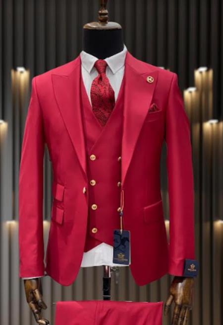 Rossiman Men's Red Suit â€“ Stylish 1-Button Peak Lapel Jacket & Double-Breasted Vest