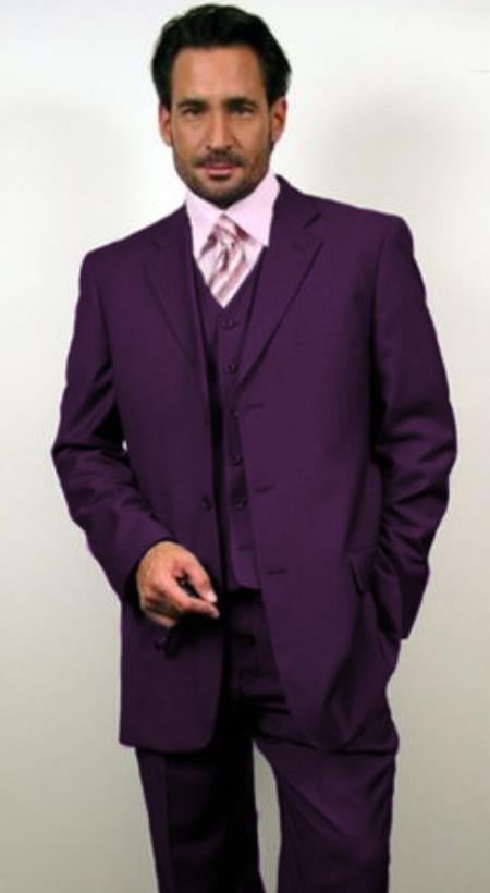Classic Fit - Dark Purple Suit - Three Button Vested Suit - Athletic Fit - 36 Regular Jacket+30 Waist Adjustable 26to32)Height: 5'7"-6')(Neck: 14.5-16:S)