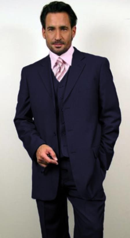 Classic Fit - Navy Suit - Three Button Vested Suit - Athletic Fit - 36 Regular Jacket+30 Waist Adjustable 26to32)Height: 5'7"-6')(Neck: 14.5-16:S)