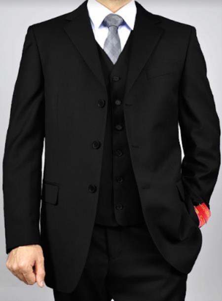 Classic Fit - Black Suit - Three Button Vested Suit - Athletic Fit - 36 Regular Jacket+30 Waist Adjustable 26to32)Height: 5'7"-6')(Neck: 14.5-16:S)