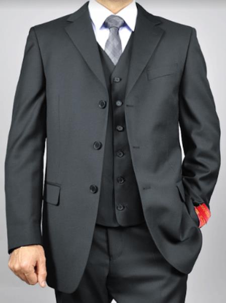 Classic Fit - Charcoal Suit - Three Button Vested Suit - Athletic Fit-New Designer Collection - 34 Short or Extra Small