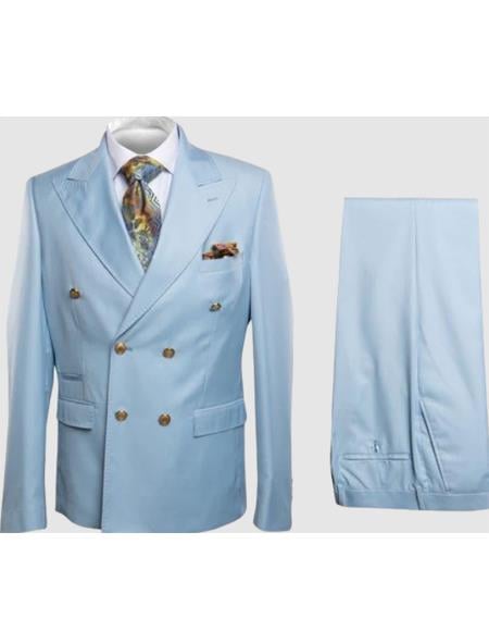 Rossiman Men’s Light Blue Slim Fit Suit – Elegant Double-Breasted Design - 36 Regular Jacket+30 Waist Adjustable 26to32)Height: 5'7"-6')(Neck: 14.5-16:S)