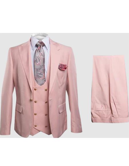 Rossiman Men's Slim Fit Pink Suit â€“ Elegant Double-Breasted Vest & Tailored Flat Front Pants