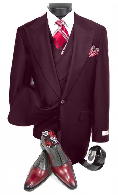 Mens Big and Tall Size Suits - Plus Size Mens Burgundy Suit - Peak Lapel Ticket Pocket - 52 Regular