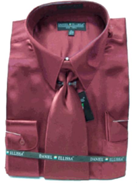 Mens Burgundy Shirt With Tie - Small 14.5” Neck / 32-33” Sleeve