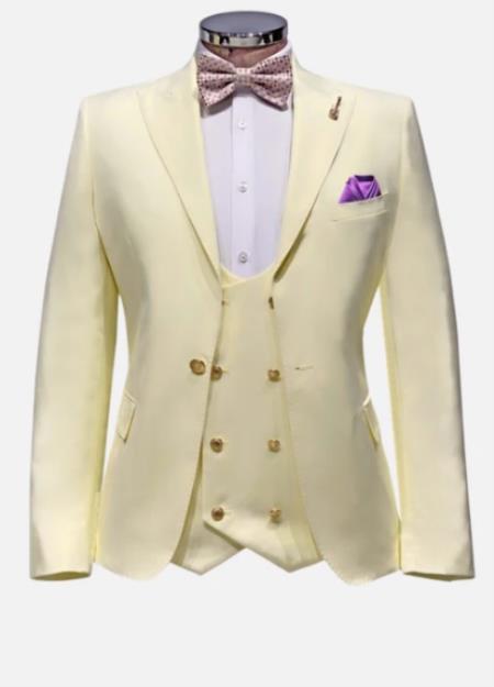 Mens Suits With Gold Buttons - Ivory - 36 Regular Jacket+30 Waist Adjustable 26to32)Height: 5'7"-6')(Neck: 14.5-16:S)