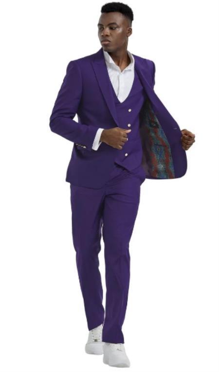 Mens Suits With Gold Buttons - Purple - 36 Regular Jacket+30 Waist Adjustable 26to32)Height: 5'7"-6')(Neck: 14.5-16:S)