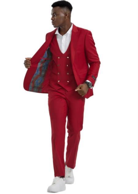 Mens Suits With Gold Buttons - Red - 36 Regular Jacket+30 Waist Adjustable 26to32)Height: 5'7"-6')(Neck: 14.5-16:S)