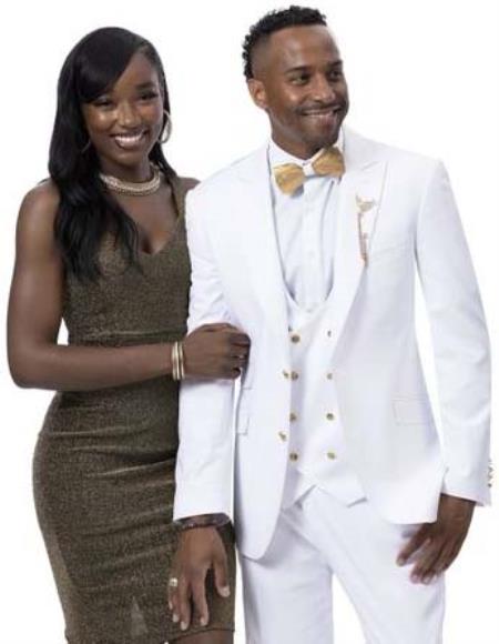 Mens Suit with Gold Buttons White 3 Pieces Double Breasted Vest White - 38 Short Jacket+32 Waist Adjustable 28to34)(Height: 5’4”to5’7”)(Neck 15-16.5)S-M)