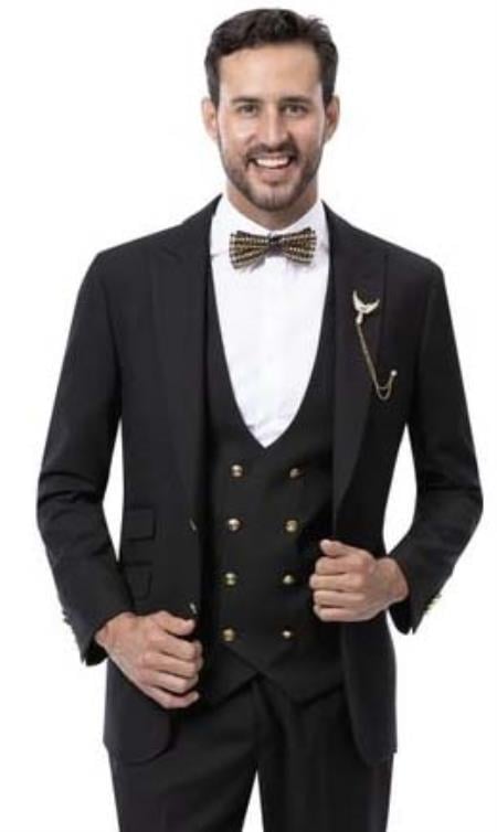 Mens Suit with Gold Buttons Black Three Pieces Double Breasted Vest Black - 38 Short Jacket+32 Waist Adjustable 28to34)(Height: 5’4”to5’7”)(Neck 15-16.5)S-M)