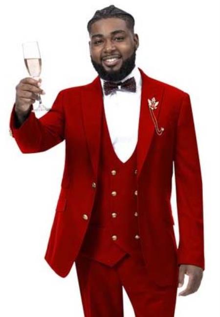 Mens Suit with Gold Buttons Red Three Piece Double Breasted Vest - 38 Short Jacket+32 Waist Adjustable 28to34)(Height: 5’4”to5’7”)(Neck 15-16.5)S-M)