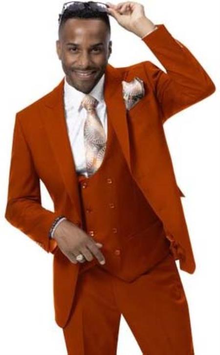 Mens 1920s Fashion Suit Rust Peak Lapel Low Cut Vest - 38 Short Jacket+32 Waist Adjustable 28to34)(Height: 5’4”to5’7”)(Neck 15-16.5)S-M)