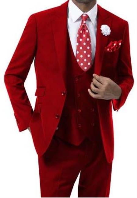 Mens 2 Button Suit Red Peak Lapel Low Cut Vest - 38 Short Jacket+32 Waist Adjustable 28to34)(Height: 5’4”to5’7”)(Neck 15-16.5)S-M)