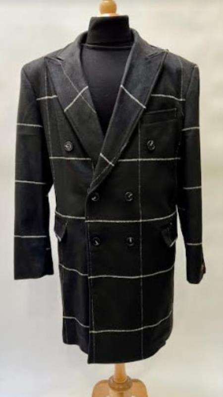 Black Plaid Overcoat - Topcoat With WindowPane Pattern Double Breasted Style - Coat Size 38