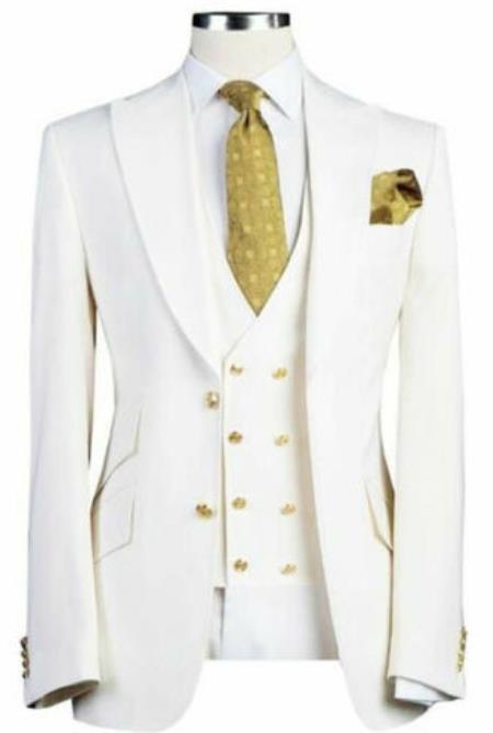 Men White Designer Gold Button Wedding Grooms Dinner Suit - 36 Regular Jacket+30 Waist Adjustable 26to32)Height: 5'7"-6')(Neck: 14.5-16:S)