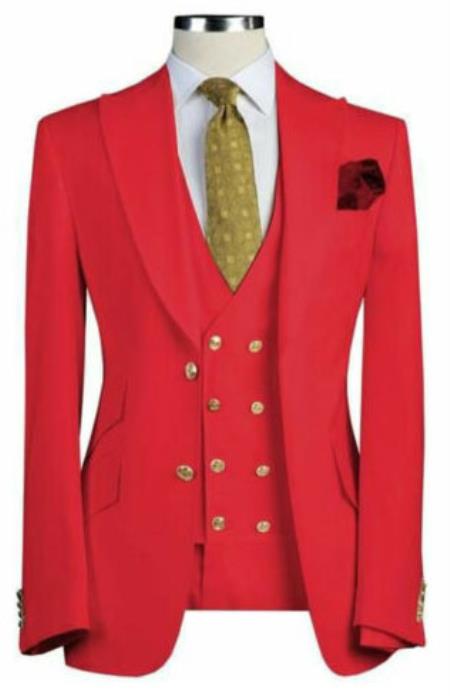 Men Red Designer Gold Button Wedding Grooms Dinner Suit - 36 Regular Jacket+30 Waist Adjustable 26to32)Height: 5'7"-6')(Neck: 14.5-16:S)
