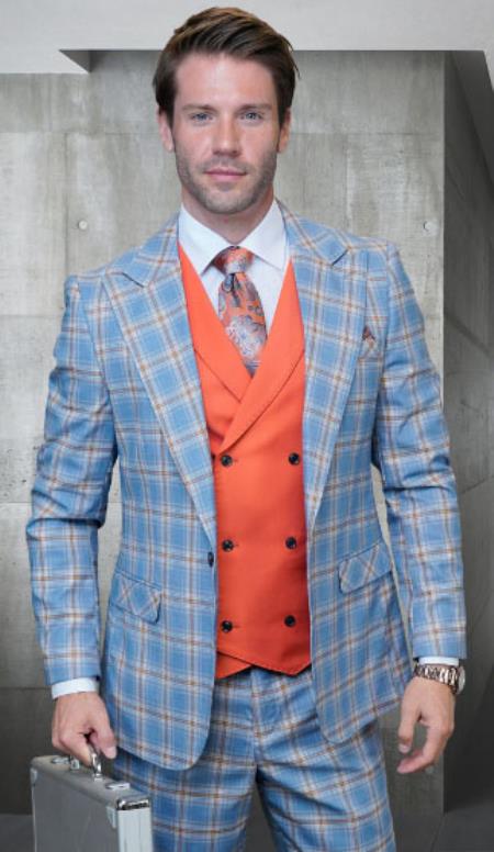 Mens 1 Button Modern Fit Suits Flat Front Pants Suit - Blue - 38 Short Jacket+32 Waist Adjustable 28to34)(Height: 5’4”to5’7”)(Neck 15-16.5)S-M)