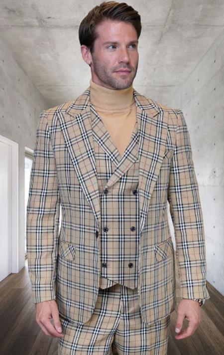 Mens 1 Button Modern Fit Suits Flat Front Pants Suit - Tan - 38 Short Jacket+32 Waist Adjustable 28to34)(Height: 5’4”to5’7”)(Neck 15-16.5)S-M)