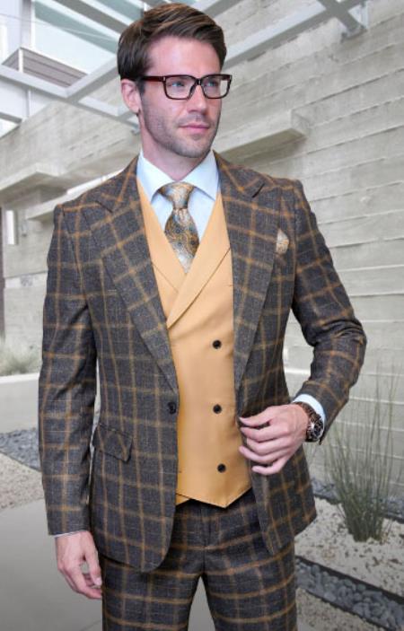 Mens 1 Button Modern Fit Suits Flat Front Pants Suit - Camel - 42 Regular Jacket+36 Waist Pants Adjust 32to38)(Height: 5'7"-6')(Neck 16-17.5:L-XL)