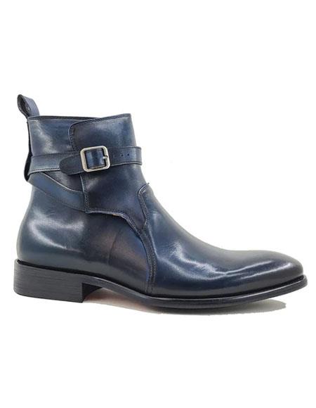 Buckle Leather Strap Boots - Navy - 6EE