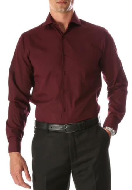 Mens Slim Fit Cotton Shirt - Burgundy - Small 14.5” Neck / 32-33” Sleeve