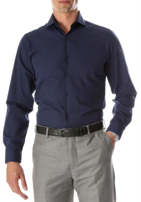 Mens Slim Fit Cotton Shirt - Navy - Small 14.5” Neck / 32-33” Sleeve