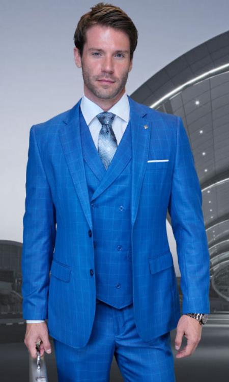 Mens Suit Super 150 Italian Fabric Suit - Sapphire - 38 Short Jacket+32 Waist Adjustable 28to34)(Height: 5â€™4â€to5â€™7â€)(Neck 15-16.5)S-M)