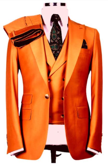 Mens Orange Suit With Double Breasted Vest-New Designer Collection - 38 Short Jacket+32 Waist Adjustable 28to34)(Height: 5 4 to5 7 )(Neck  15-16.5)S-M)
