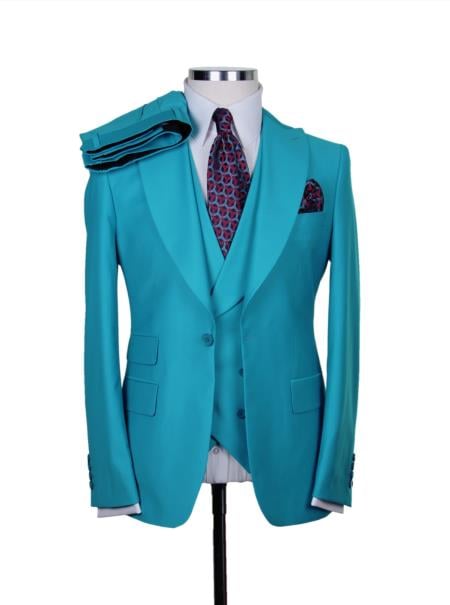 Big Lapel - Wide Lapel - Tom Ford Style Suit - Ticket Pocket - Turquoise Blue - 38 Short Jacket+32 Waist Adjustable 28to34)(Height: 5â€™4â€to5â€™7â€)(Neck 15-16.5)S-M)