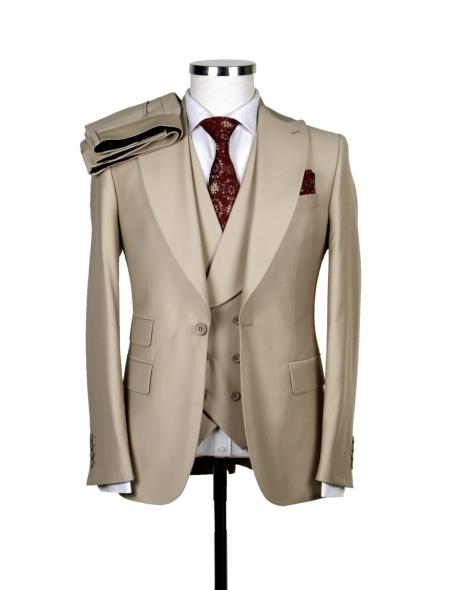 Big Lapel - Wide Lapel - Tom Ford Style Suit - Ticket Pocket - Tan - 38 Short Jacket+32 Waist Adjustable 28to34)(Height: 5â€™4â€to5â€™7â€)(Neck 15-16.5)S-M)
