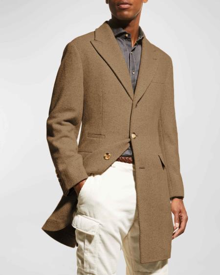 Mens Carcoat - Beige Three Quarter Peak Lapel Topcoat - Coat Size 38