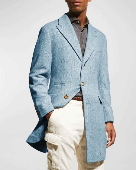 Mens Carcoat - Light Blue Three Quarter Peak Lapel Topcoat - Coat Size 38