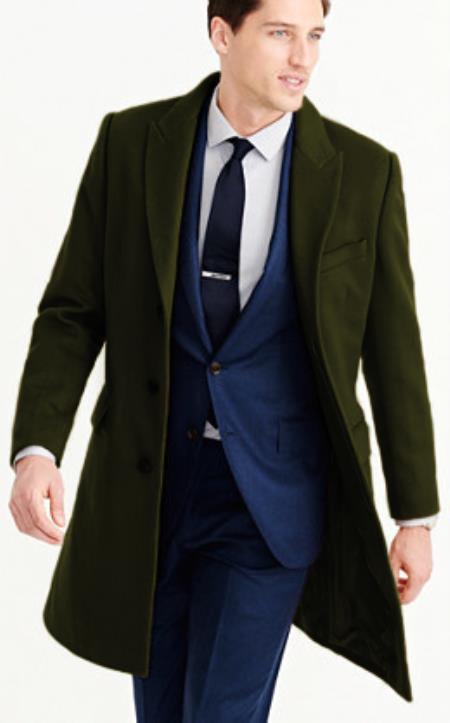 Mens Carcoat - Olive Green Three Quarter Peak Lapel Topcoat - Coat Size 38