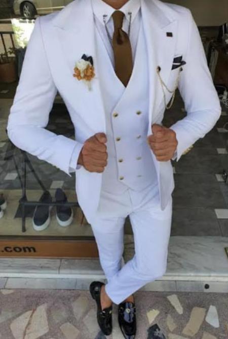 White Suit With Gold Buttons - 36 Regular Jacket+30 Waist Adjustable 26to32)Height: 5'7"-6')(Neck: 14.5-16:S)