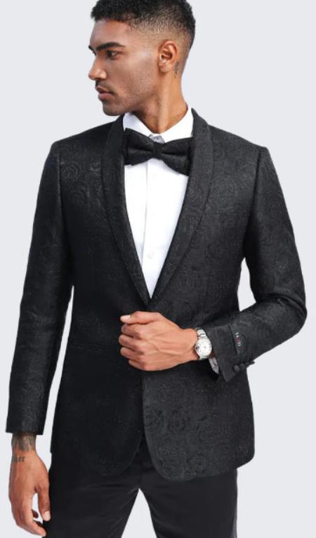 Black Floral Tuxedo Suit - Black Patterned Tuxedo Jacket - 38 Short Jacket+32 Waist Adjustable 28to34)(Height: 5’4”to5’7”)(Neck 15-16.5)S-M)