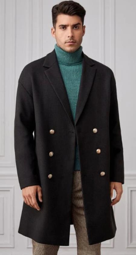 Men Lapel Collar Double Breasted Overcoat - Coat Size 38