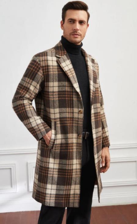 Men Plaid Lapel Neck Slant Pockets Overcoat - Coat Size 38