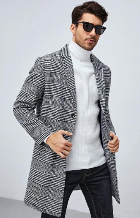 Men Houndstooth Pattern Lapel Neck Overcoat - Coat Size 38