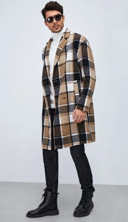 Men Plaid Lapel Neck Double Breasted Overcoat - Coat Size 38
