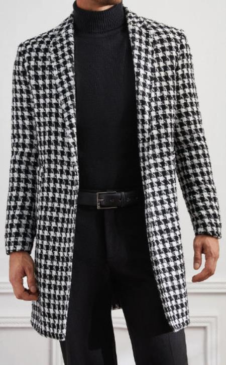 Men Houndstooth Lapel Collar Single Breasted Tweed Overcoat - Coat Size 38